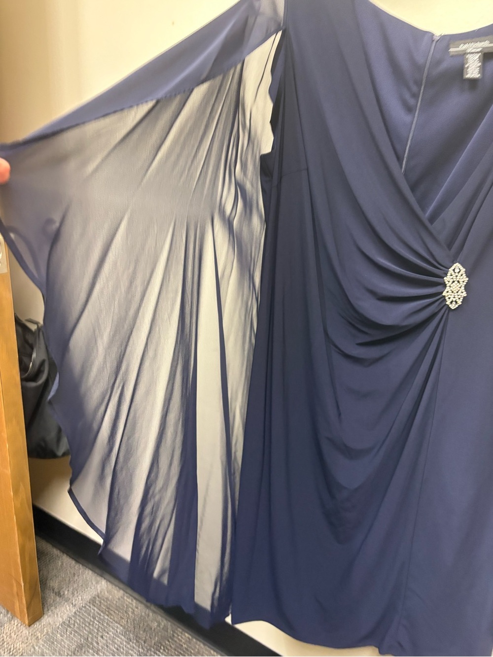 R&M Richards Navy Blue Long Sleeve Draped Evening dress with Rhinestone Brooch - Picture 6 of 8